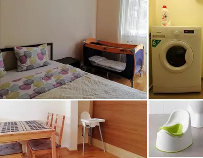 a collage of pictures of a room with a washing machine at Spacious 2-Bedroom Apartment - Ideal for Families & Groups - City Center in Sofia