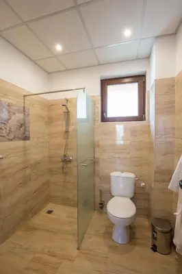 a bathroom with a toilet and a glass shower at Rupchini Houses in Bansko