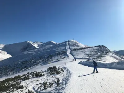 a group of people skiing down a snow covered mountain at Studio in Hotel Flora Borovets in Borovets