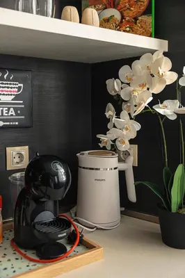 a kitchen counter with a hair dryer and a plant at City Center Apartments with Parking in Plovdiv