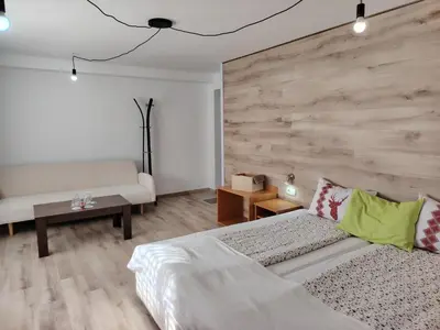 a bedroom with a bed and a wooden wall at Guest House Lila in Bansko