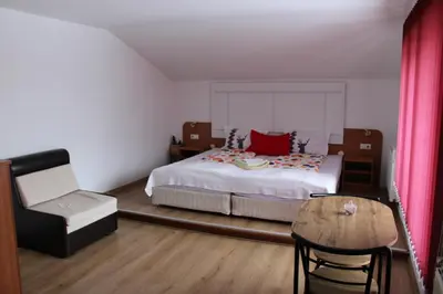 a bedroom with a bed and a table and a chair at Guest House Lila in Bansko