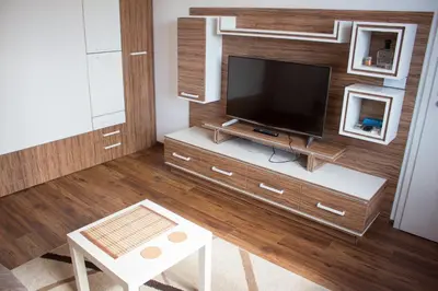 a living room with a television on a wooden wall at Sunshine Sofia in Sofia