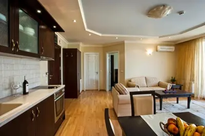 a kitchen and living room with a couch and a table at Alex Apartment Sofia in Sofia