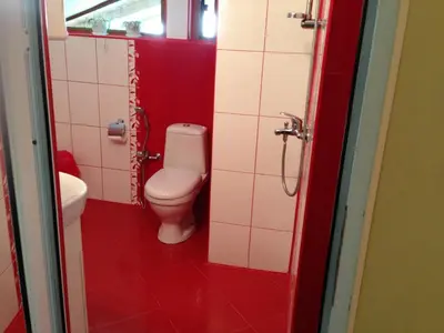 a red bathroom with a toilet and a sink at Guest House Lori in Teteven