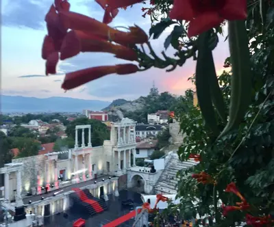 a view of a city with a flower in the foreground at CityCentre Gem with Free Parking in Plovdiv