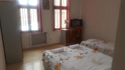a bedroom with two beds and a television and windows at Guest House - Batak in Batak
