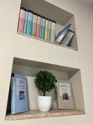 a shelf with books and a potted plant on it at Time Traveling Apartment Sofia City in Sofia