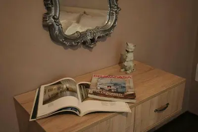 a book on a dresser with a cat sitting on it at Yavor Apartment in Sofia