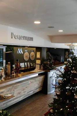 a store with a christmas tree in front of a counter at Grand Hotel Murgavets in Pamporovo