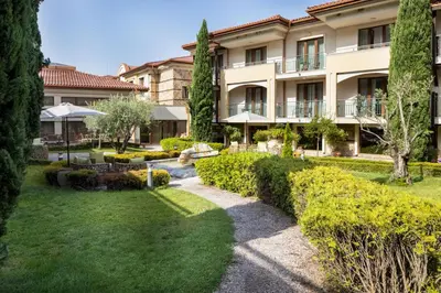 a view of the hotel from the garden at Pirin Park Hotel in Sandanski