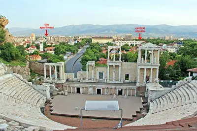 a view of an amphitheater in a city at Lilly Apartments in Plovdiv