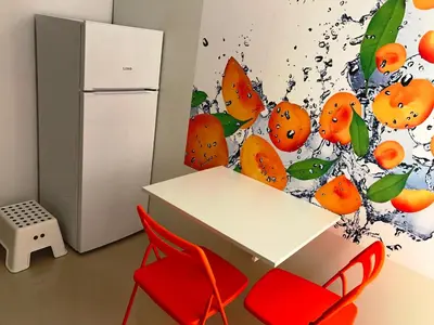 a kitchen with a table and red chairs and a refrigerator at Lilly Apartments in Plovdiv