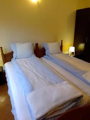 two beds sitting next to each other in a room at Guest House Planinska Sreshta in Balkanets