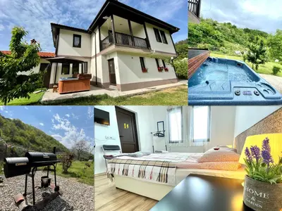 a collage of photos with a house and a pool at Kassandrova Guest House & Spa in Bratsigovo