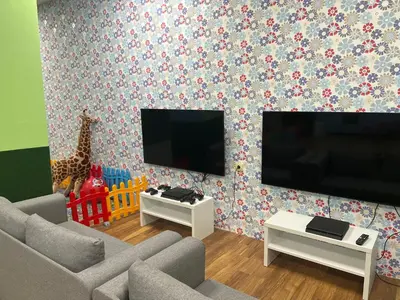 a living room with a couch and a tv and a giraffe at Flora Hotel - Apartments in Borovets