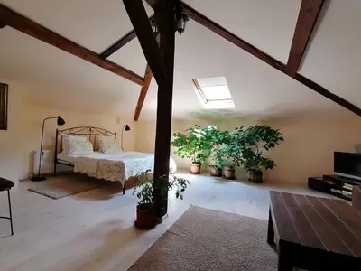a bedroom with a bed and potted plants at Guest House Verbena in Apriltsi