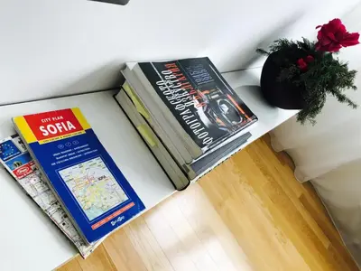 a table with books and a vase with a plant at Design Apartment in Park in Sofia