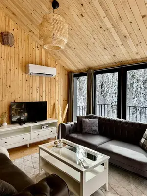 a living room with a couch and a tv at High Five Villas in Pamporovo