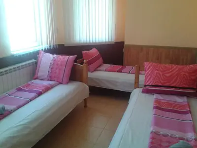 a room with two beds with pink and purple pillows at Osogovo Rooms in Sofia