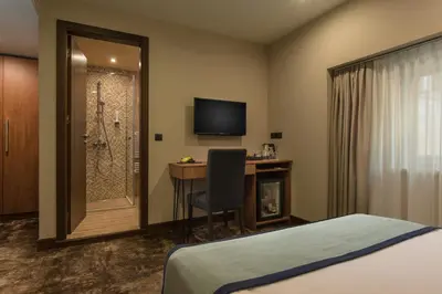 a hotel room with a bed and a desk and a shower at Rosslyn Thracia Hotel Sofia in Sofia