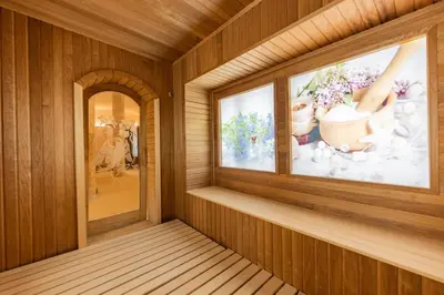 a room with a sauna with a window at Maxi Park Hotel & Spa in Velingrad