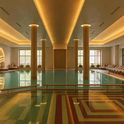 a swimming pool in a hotel lobby with columns and windows at Maxi Park Hotel & Spa in Velingrad