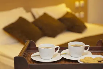 two cups of coffee and cookies on a tray on a bed at Radina's Way Hotel in Borovets