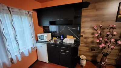 a small kitchen with a sink and a microwave at Guest House PIP in Velingrad