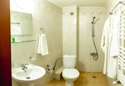 a bathroom with a toilet and a sink and a shower at Velinov Boutique Hotel with Free Shuttle in Bansko