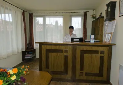 a woman standing at a desk with a laptop at Apartments & Studios Mountain Romance in Bansko