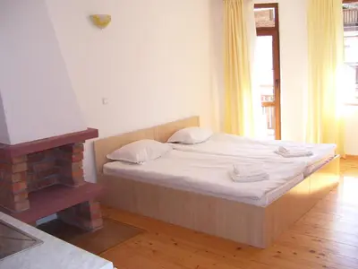 a bed sitting in a room with a fireplace at Apartments Four Leaf Clover Bansko to rent in Bansko