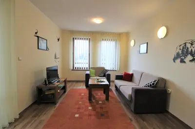a living room with a couch and a tv at Pine Tree Apartment D34 in Bansko