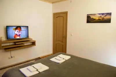 a bedroom with a bed and a tv on the wall at Sapareva Kashta in Sapareva Banya