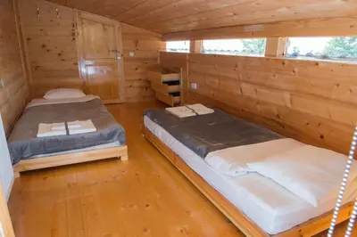 two beds in a room with wooden walls at Sapareva Kashta in Sapareva Banya