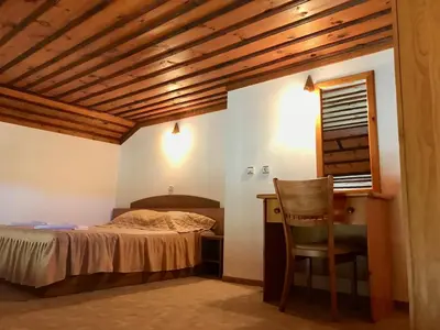 a bedroom with a bed and a desk and a chair at Daf Trans Hotel in Peshtera