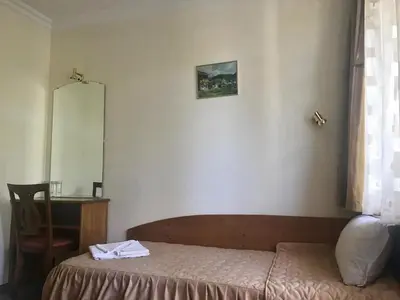a bedroom with a bed and a mirror and a table at Daf Trans Hotel in Peshtera