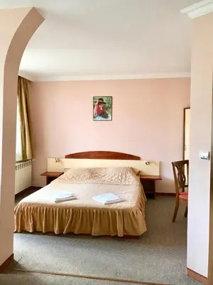 a bedroom with a bed with two books on it at Daf Trans Hotel in Peshtera