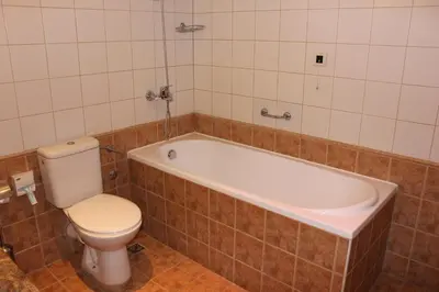 a bathroom with a toilet and a bath tub at Kendros Hotel in Plovdiv