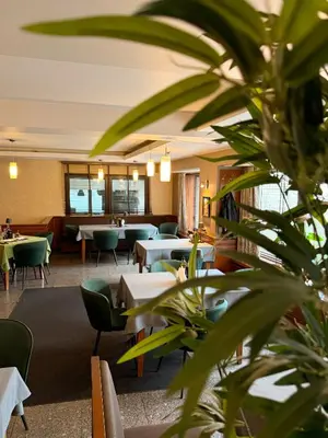 a restaurant with tables and chairs and a plant at Family Hotel EDI in Sofia