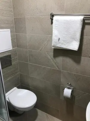 a bathroom with a toilet and a towel on a wall at Apartment Trimontium in Plovdiv