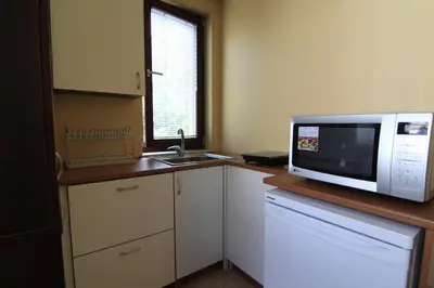 a small kitchen with a microwave and a sink at Guest Rooms Stay Nexus in Sofia