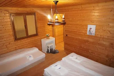 a bedroom with two beds in a wooden room at Planinski Polah House in Devin