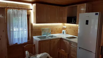 a kitchen with a white refrigerator and a sink at Chalet Taffski in Borovets