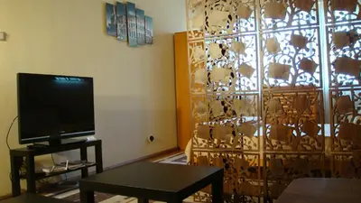 a living room with a television and a wooden door at Apartment SOFIA Center in Sofia