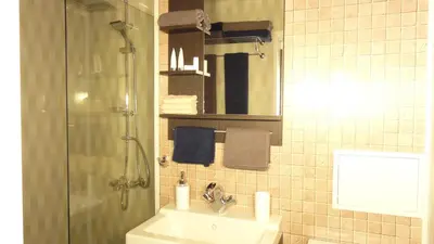 a bathroom with a sink and a shower with a mirror at Apartment SOFIA Center in Sofia