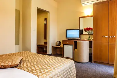 a hotel room with a bed and a desk with a television at Sofia Place Hotel by HMG in Sofia