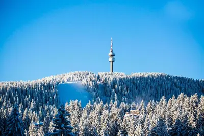 a snow covered mountain with a cell phone tower on top at Sunny Hills Ski&Wellness in Pamporovo