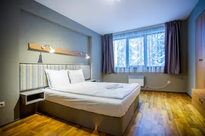 a bedroom with a large bed with a window at Sunny Hills Ski&Wellness in Pamporovo