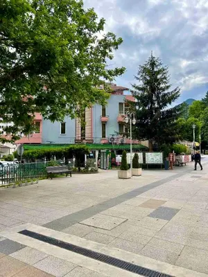 a town square with a blue building and trees at Hotel Elit in Devin